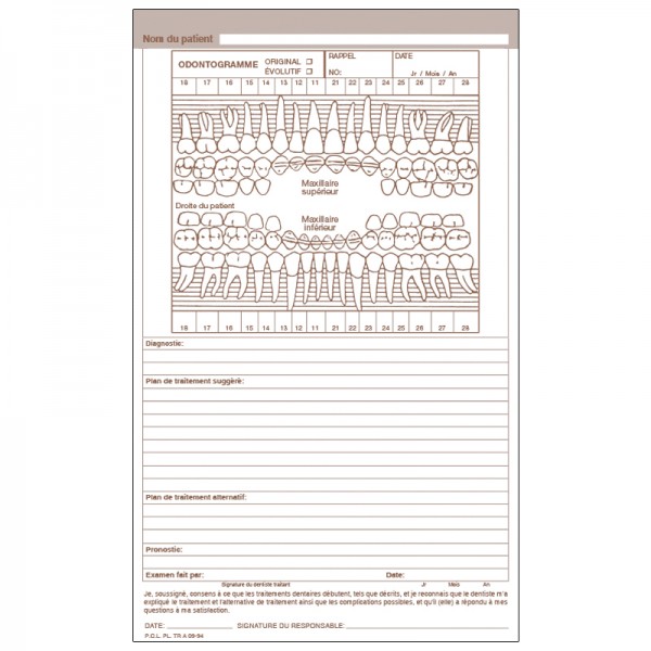 Paquet de 250 feuilles dentaires odontogramme, PCL PLTRA 09-94